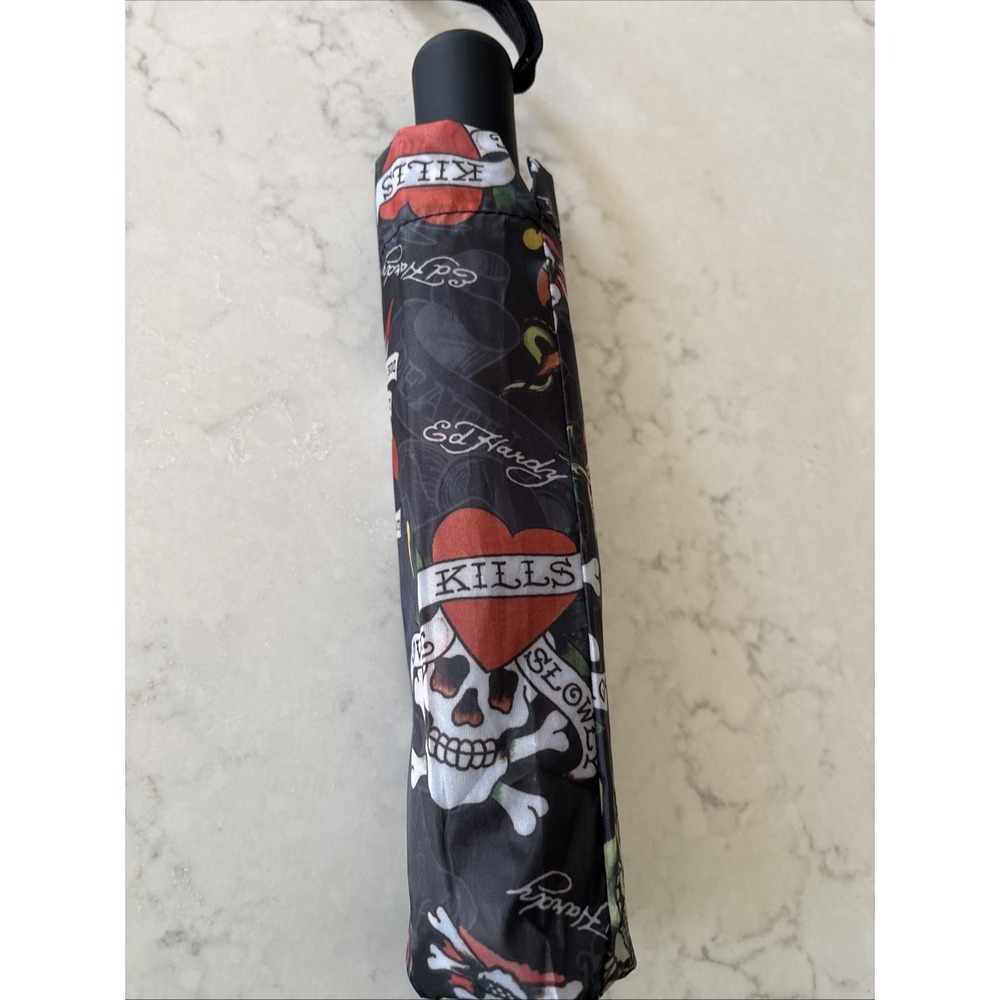 Ed Hardy Love Kills Slowly Graphic black compact Umbrella NWT Skulls Hearts